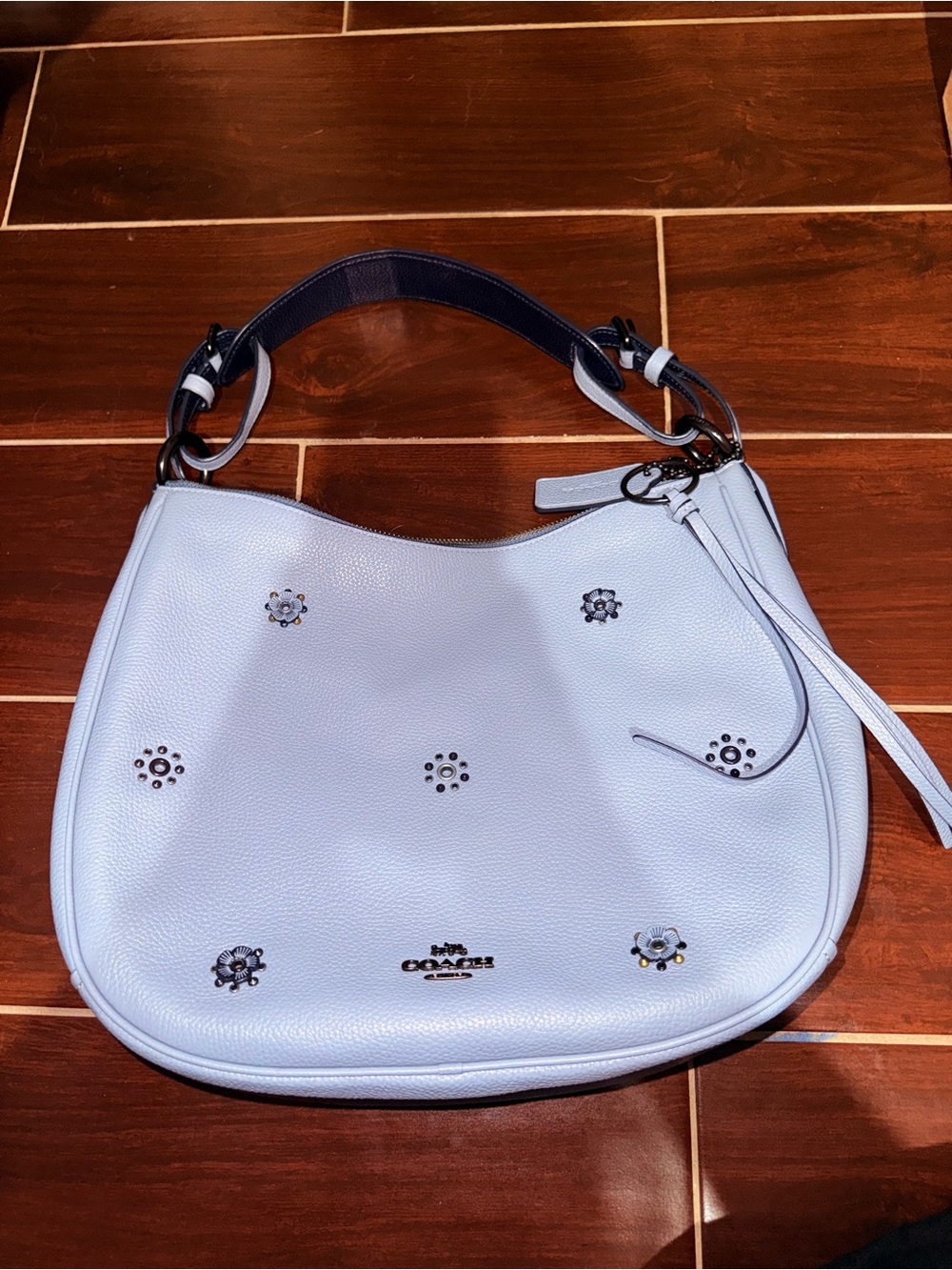Coach Light Blue flower Leather Hobo Bag with Floral Rivets